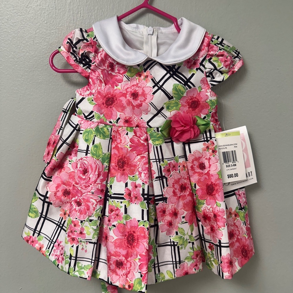 Bonnie Baby Pink Floral Grid Dress Set Peter Pan Collar 3-6M R57072-PS